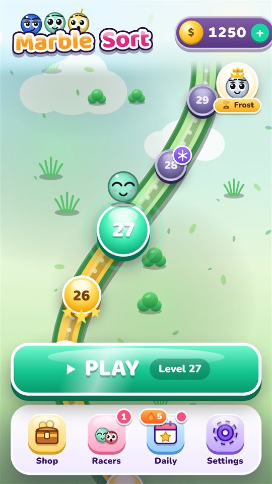 Marble Sort: the world map, a marble run through six worlds