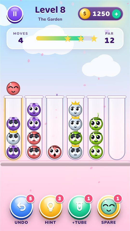 Marble Sort: a level with racers stacked in glass tubes