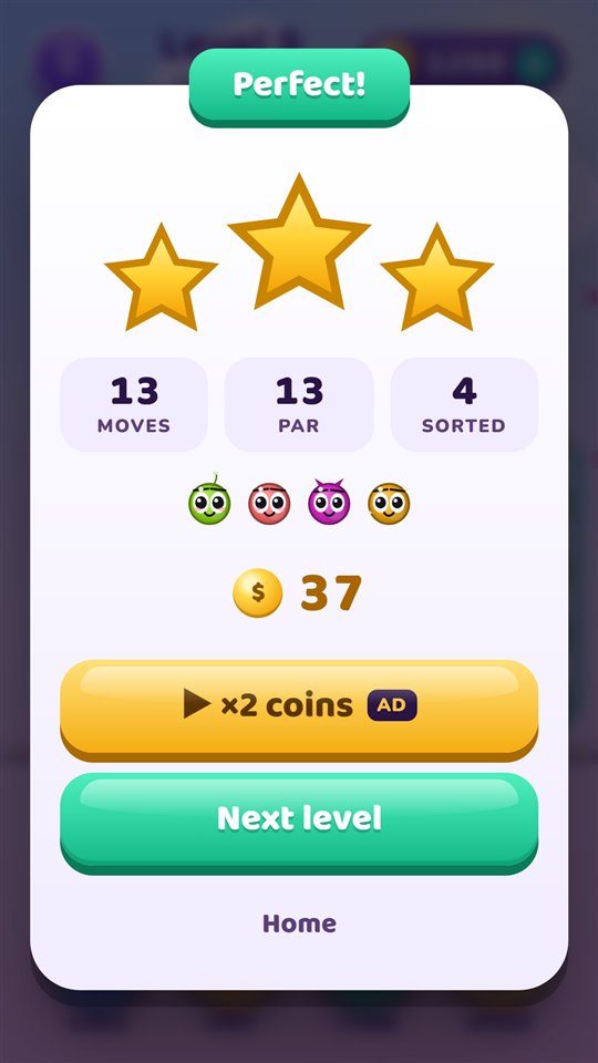 Marble Sort: a three-star win screen