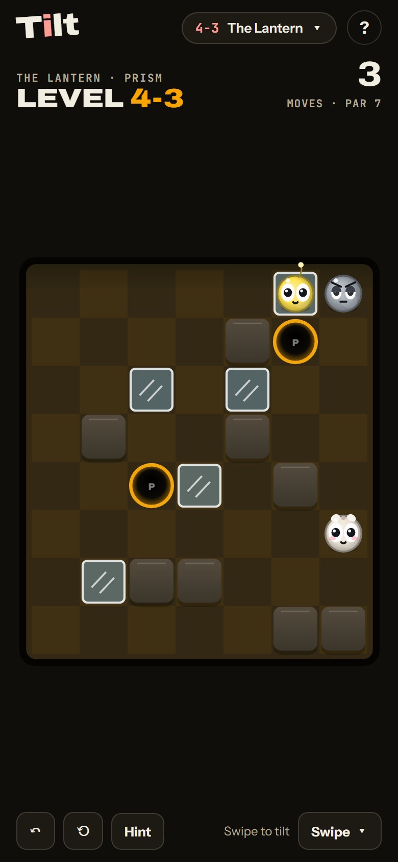 Tilt on a phone: Bolt and Pearl of Prism on a Lantern board of glass tiles, with a Hollow beside Bolt and two Prism pockets to reach